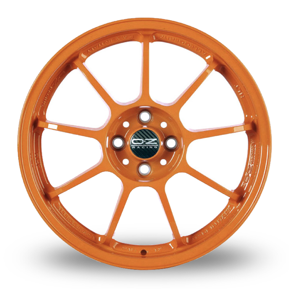 8x18 or 8.5x18 (Front) 10x18, 11x18 or 12x18 (Rear) OZ Racing Alleggerita HLT Orange Alloy Wheels