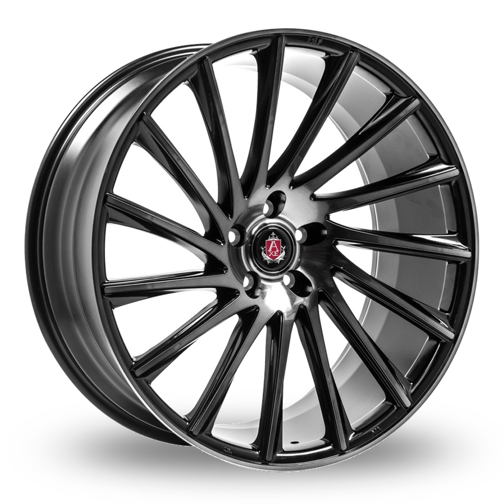 9x22 (Front) & 10.5x22 (Rear) Axe EX32 Black Polished Tinted Alloy Wheels